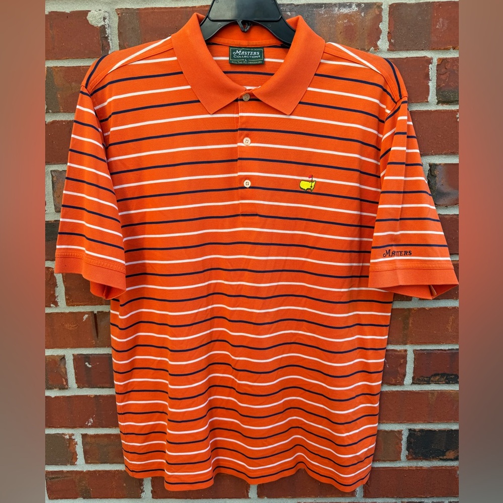 Vintage Masters Collection Large Orange White & Blue Striped Polo Golf Shirt M7